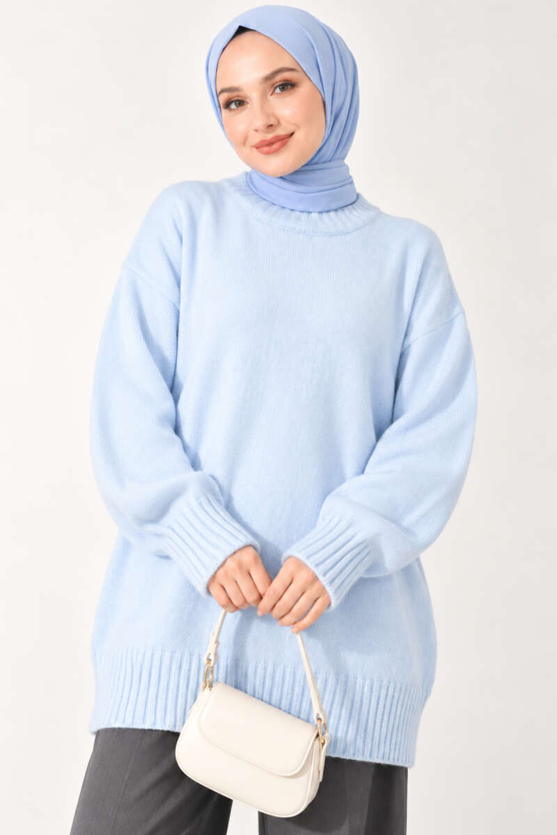 Ribbed Crew-Neck Knit Tunic - Light Blue
