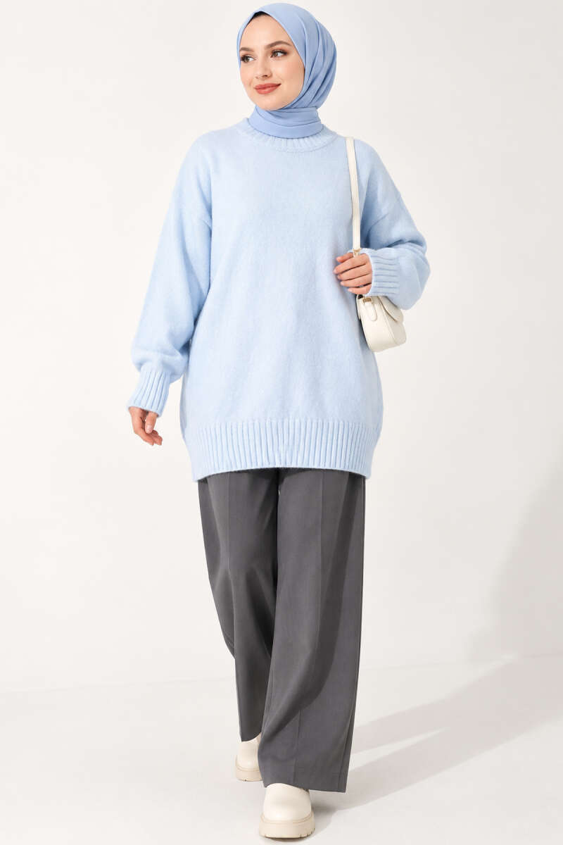 Ribbed Crew-Neck Knit Tunic - Light Blue