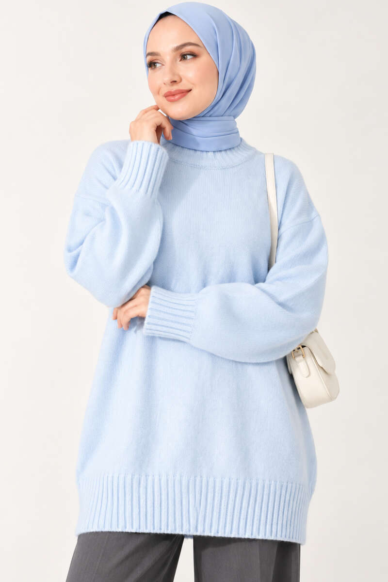 Ribbed Crew-Neck Knit Tunic - Light Blue