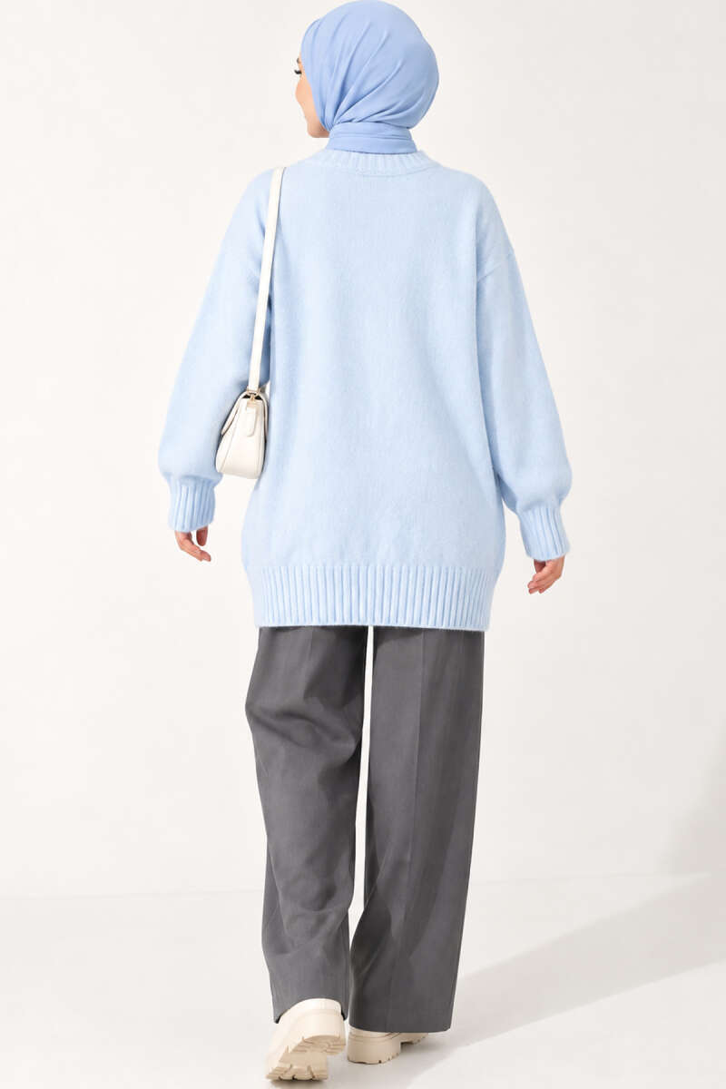 Ribbed Crew-Neck Knit Tunic - Light Blue