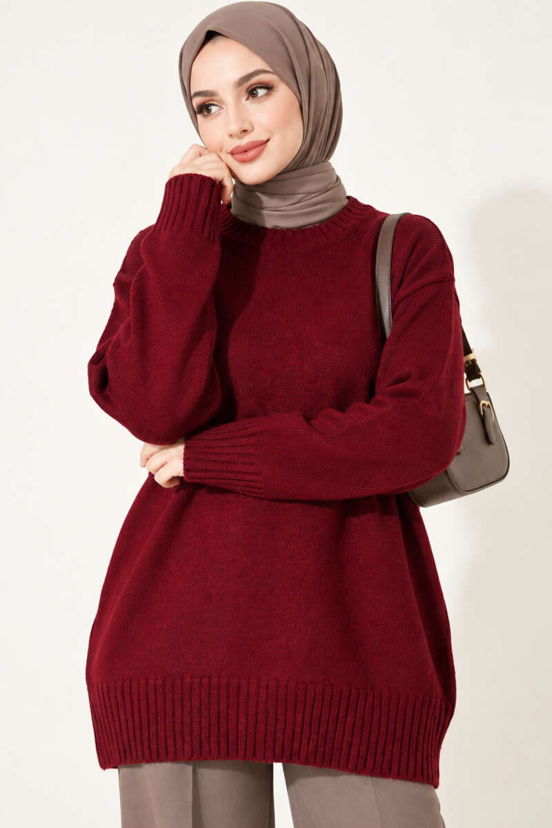 Ribbed Crew-Neck Knit Tunic - Burgundy