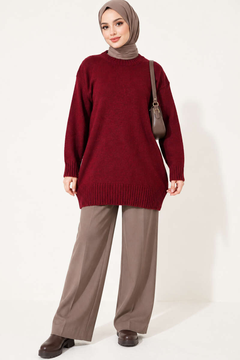 Ribbed Crew-Neck Knit Tunic - Burgundy