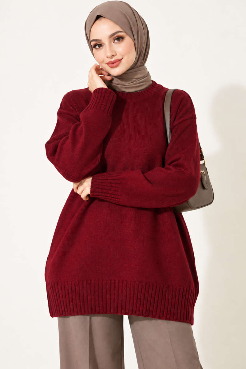 Ribbed Crew-Neck Knit Tunic - Burgundy