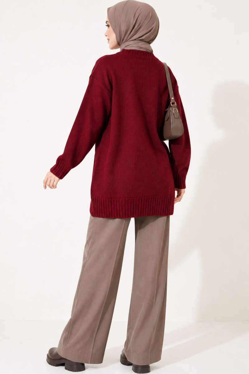 Ribbed Crew-Neck Knit Tunic - Burgundy