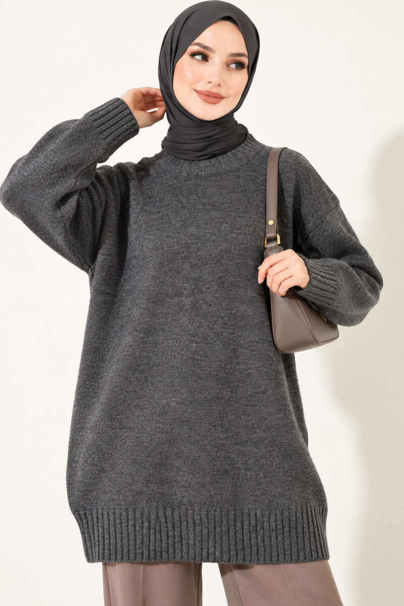Ribbed Crew-Neck Knit Tunic - Smoke Grey