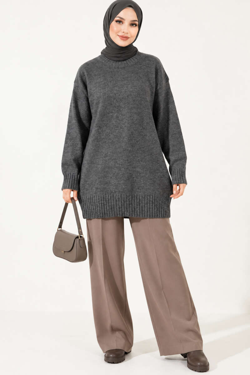 Ribbed Crew-Neck Knit Tunic - Smoke Grey