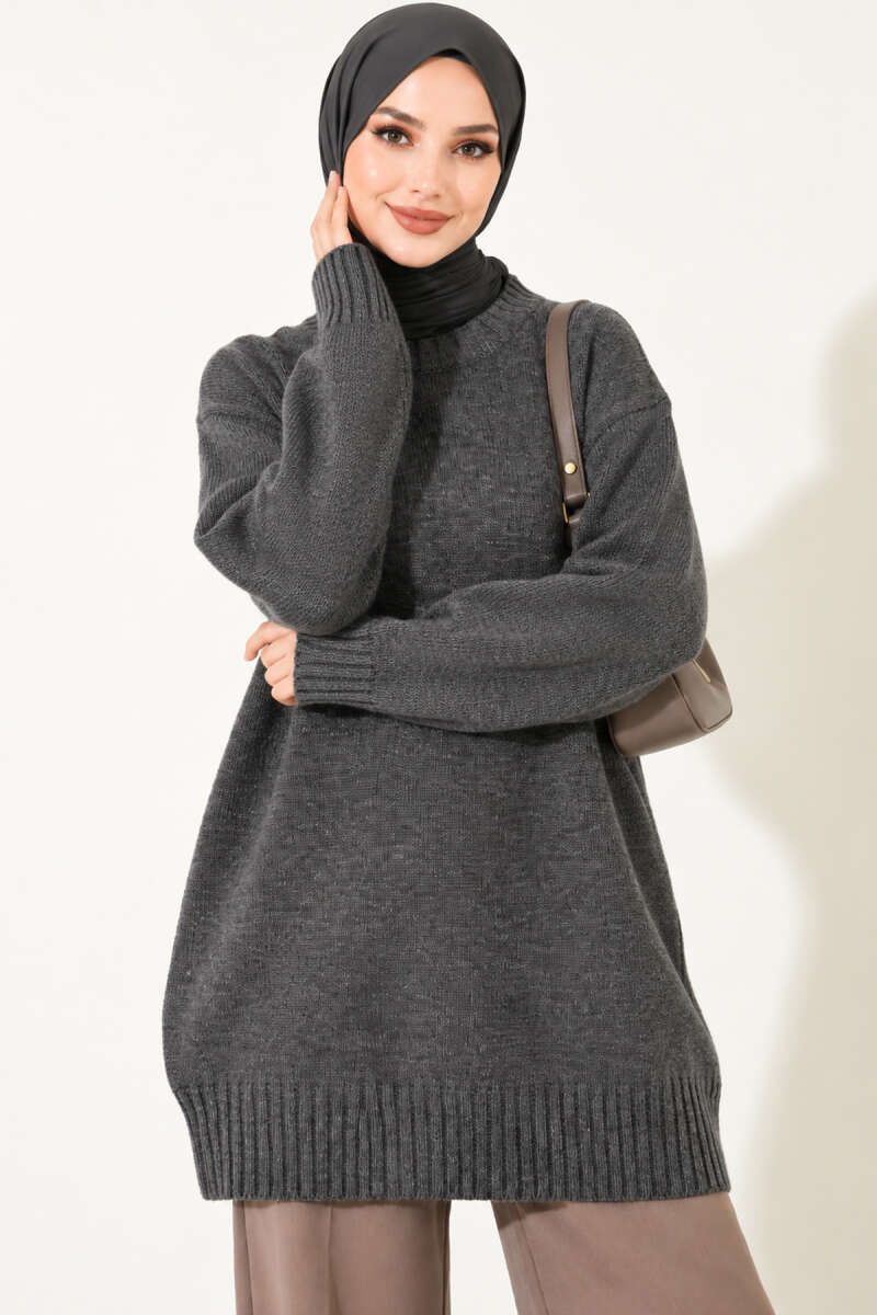Ribbed Crew-Neck Knit Tunic - Smoke Grey