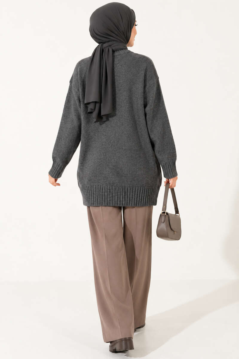 Ribbed Crew-Neck Knit Tunic - Smoke Grey