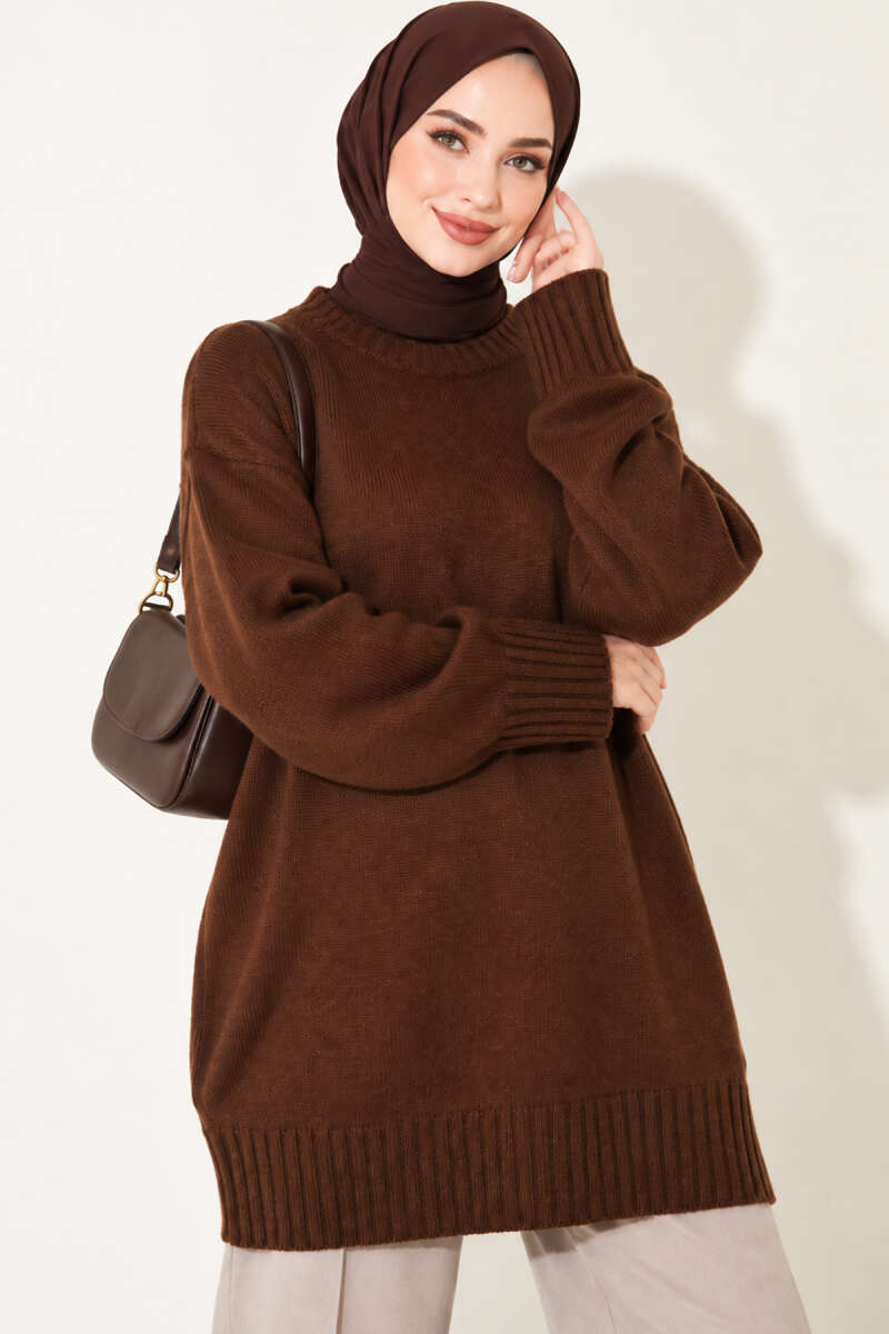 Ribbed Crew-Neck Knit Tunic - Brown
