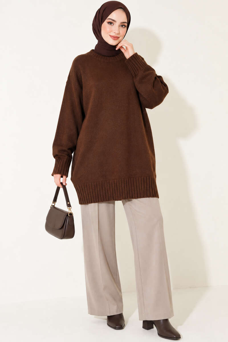 Ribbed Crew-Neck Knit Tunic - Brown