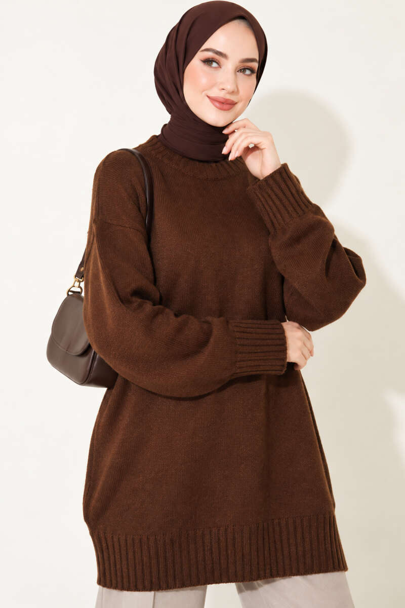 Ribbed Crew-Neck Knit Tunic - Brown