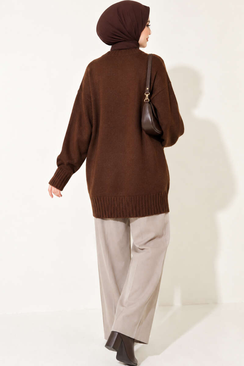 Ribbed Crew-Neck Knit Tunic - Brown