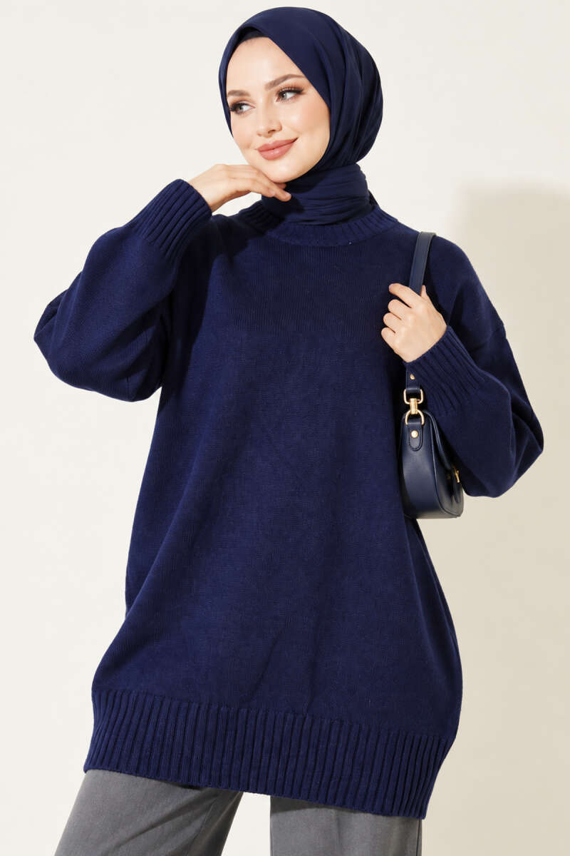 Ribbed Crew-Neck Knit Tunic - Navy