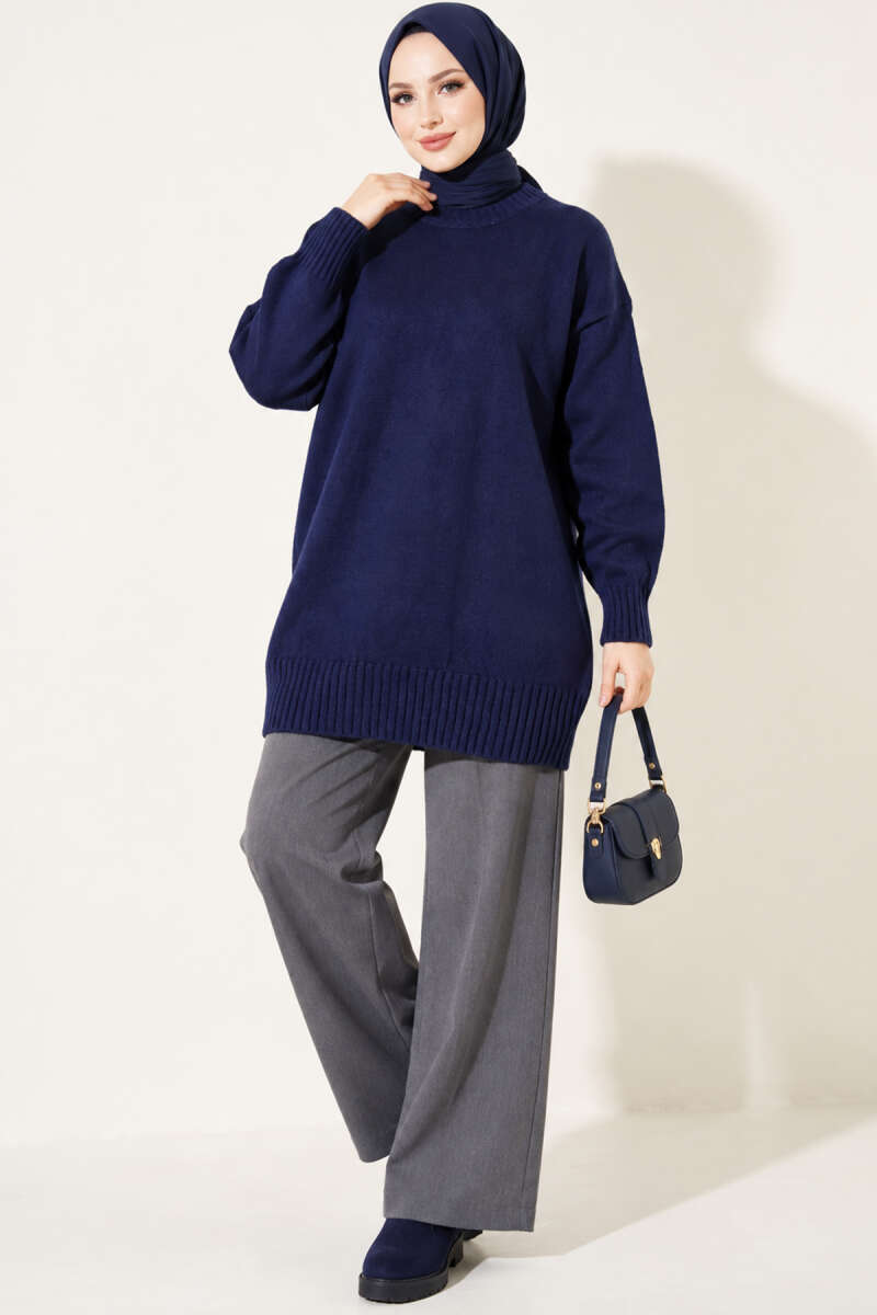 Ribbed Crew-Neck Knit Tunic - Navy