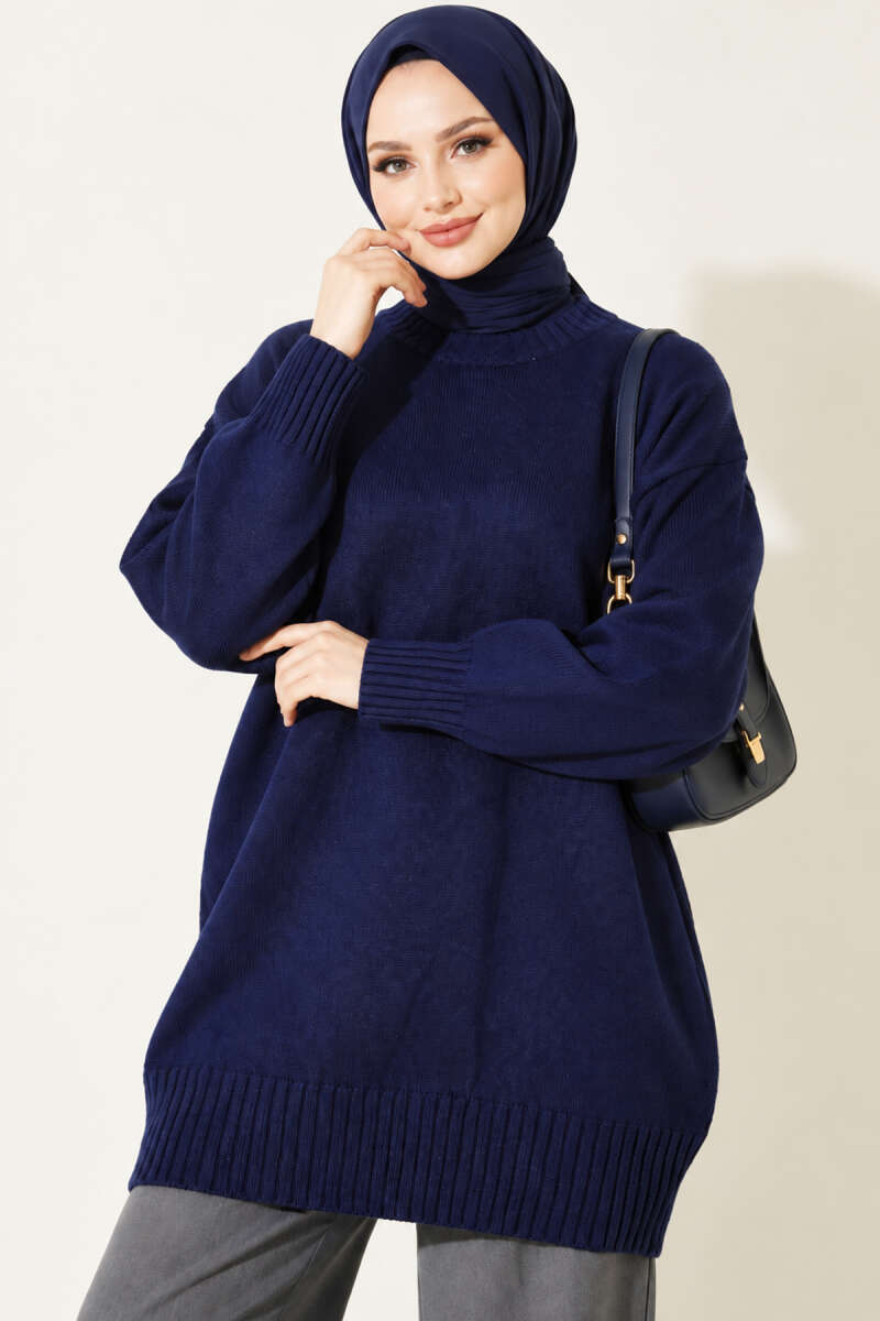 Ribbed Crew-Neck Knit Tunic - Navy