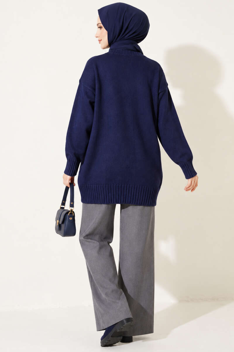 Ribbed Crew-Neck Knit Tunic - Navy