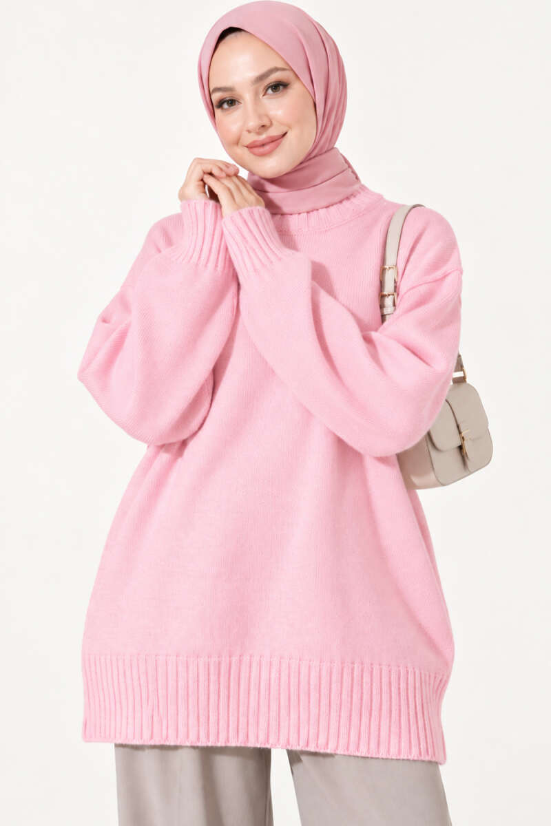 Ribbed Crew-Neck Knit Tunic - Pink
