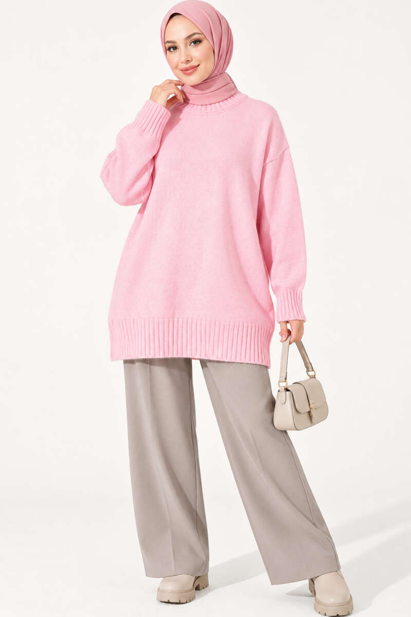 Ribbed Crew-Neck Knit Tunic - Pink