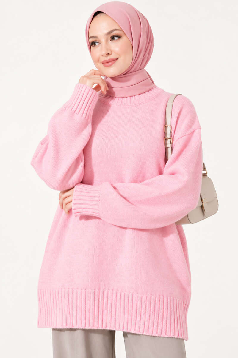 Ribbed Crew-Neck Knit Tunic - Pink