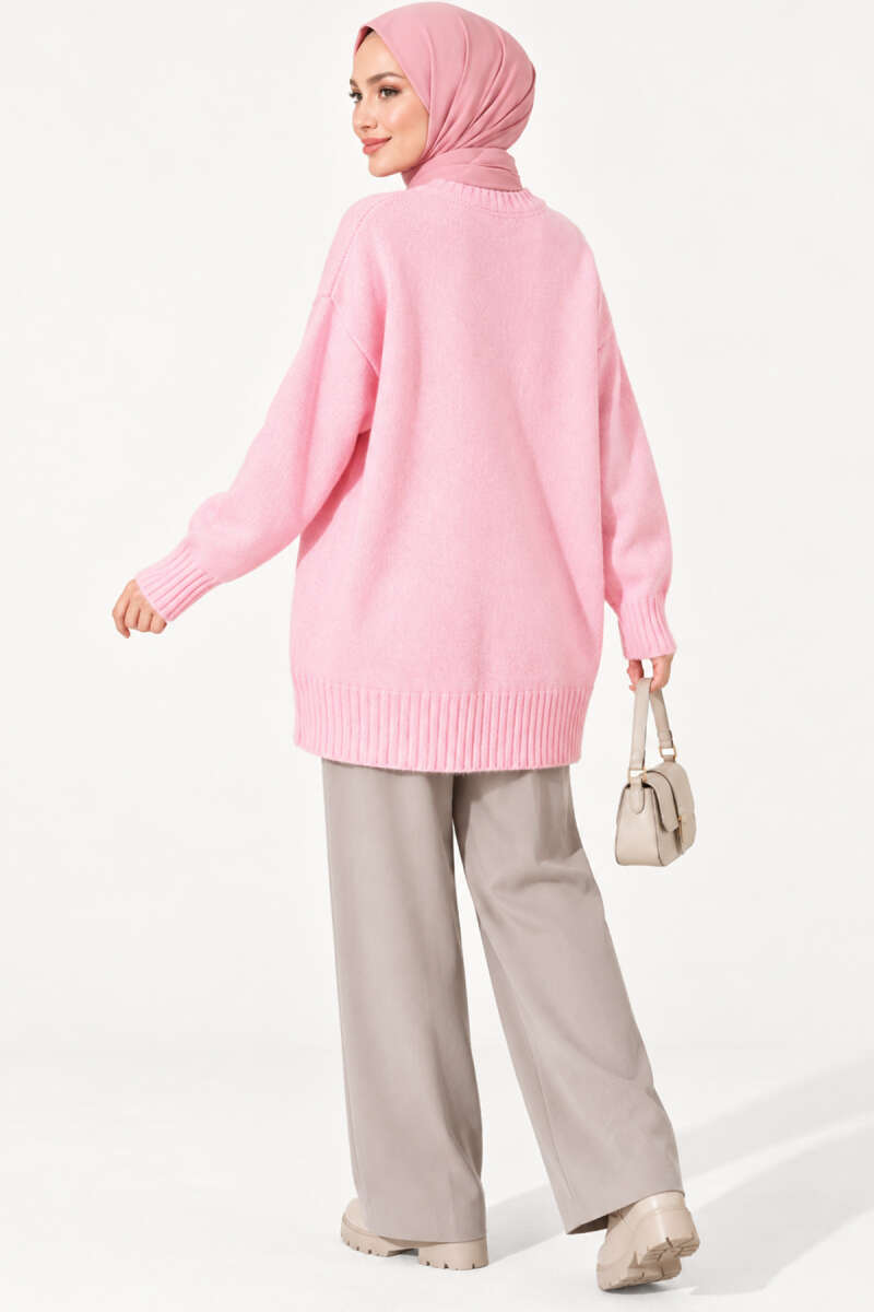 Ribbed Crew-Neck Knit Tunic - Pink