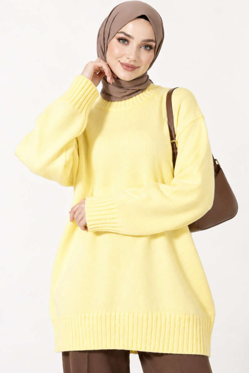 Ribbed Crew-Neck Knit Tunic - Yellow
