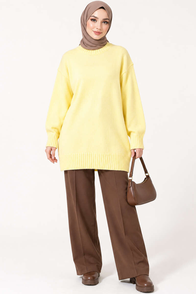 Ribbed Crew-Neck Knit Tunic - Yellow