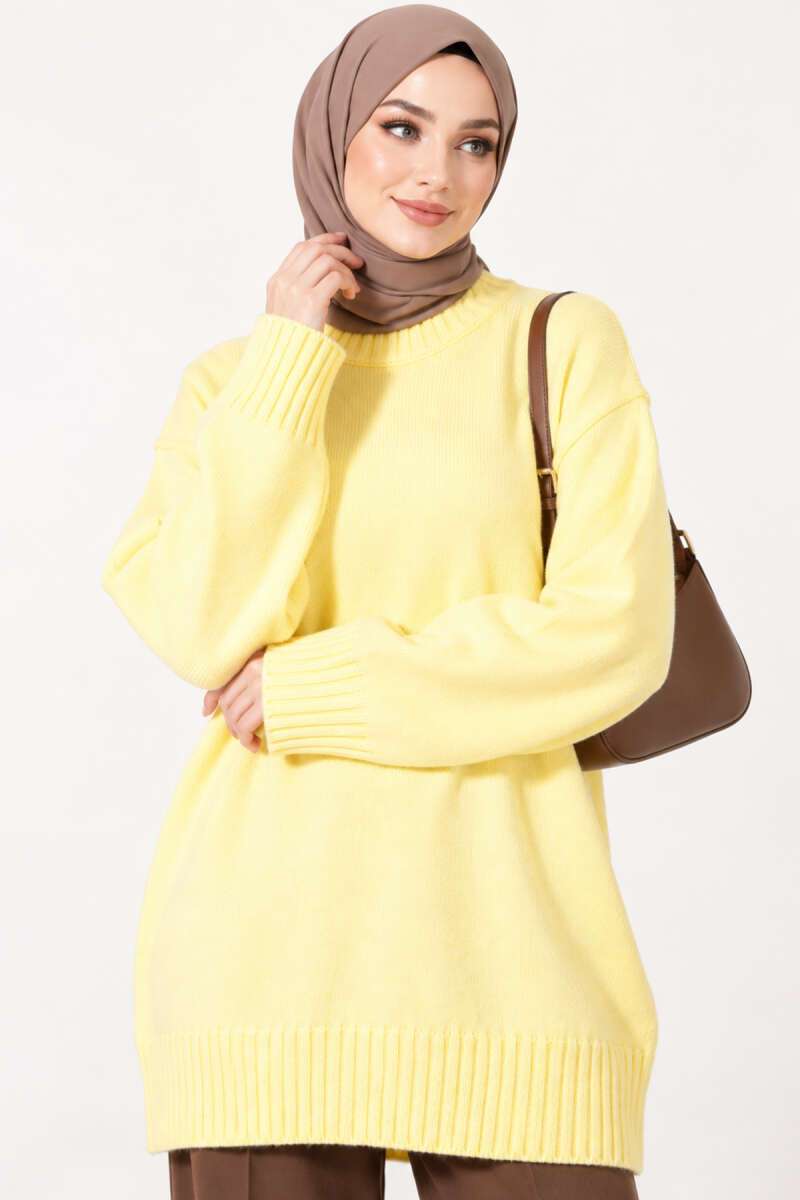 Ribbed Crew-Neck Knit Tunic - Yellow