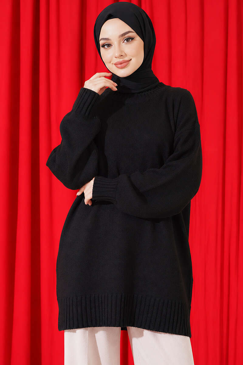 Ribbed Crew-Neck Knit Tunic - Black