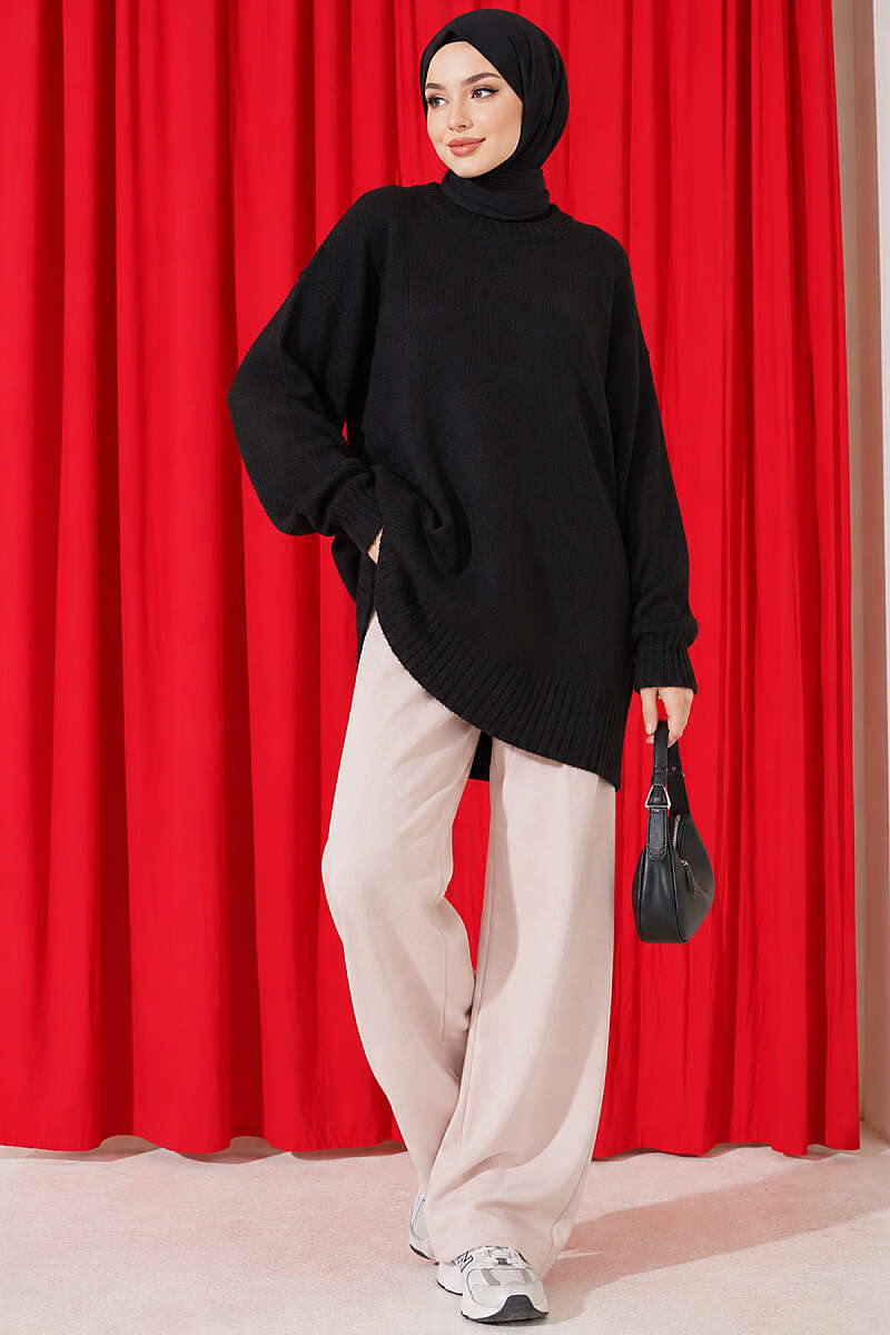 Ribbed Crew-Neck Knit Tunic - Black