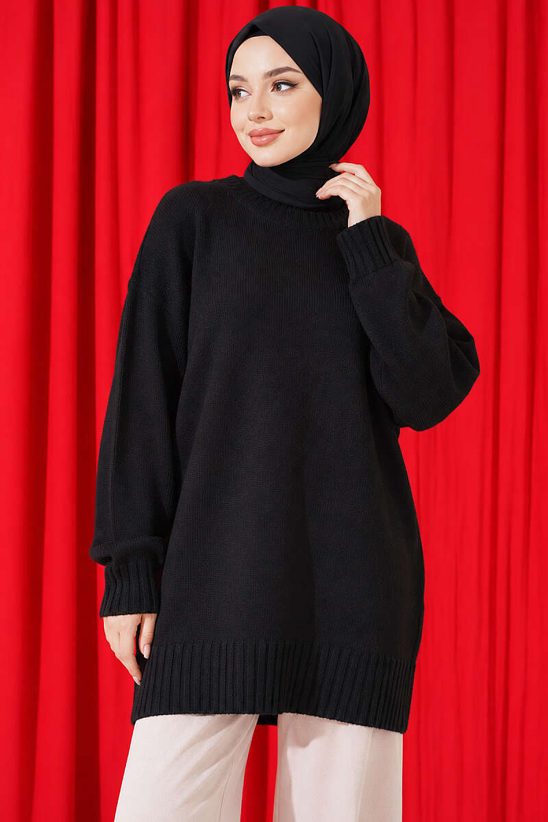 Ribbed Crew-Neck Knit Tunic - Black