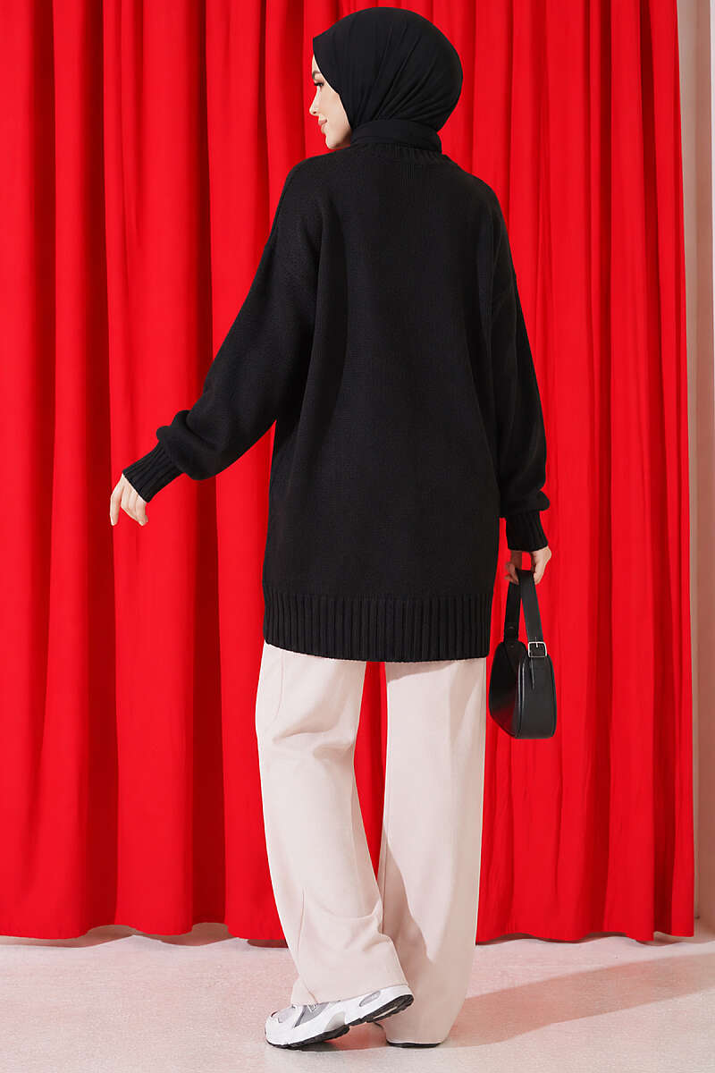 Ribbed Crew-Neck Knit Tunic - Black
