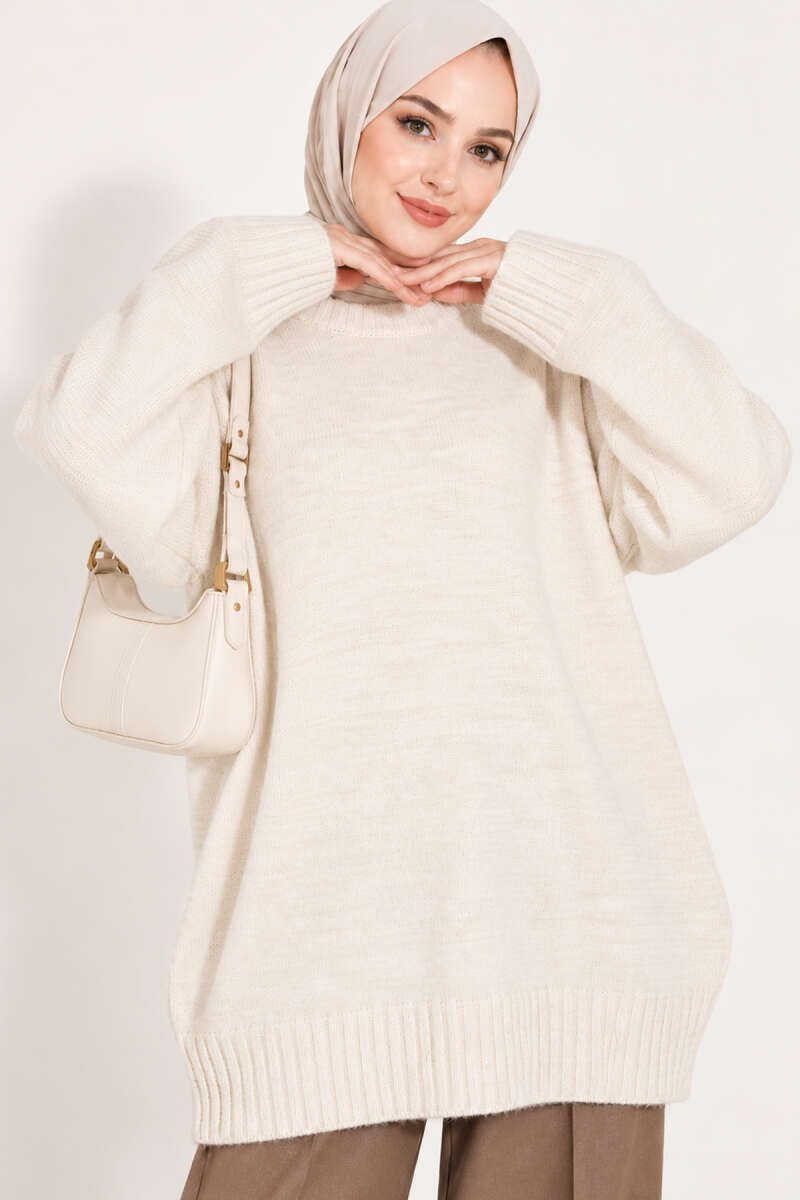 Ribbed Crew-Neck Knit Tunic - Stone