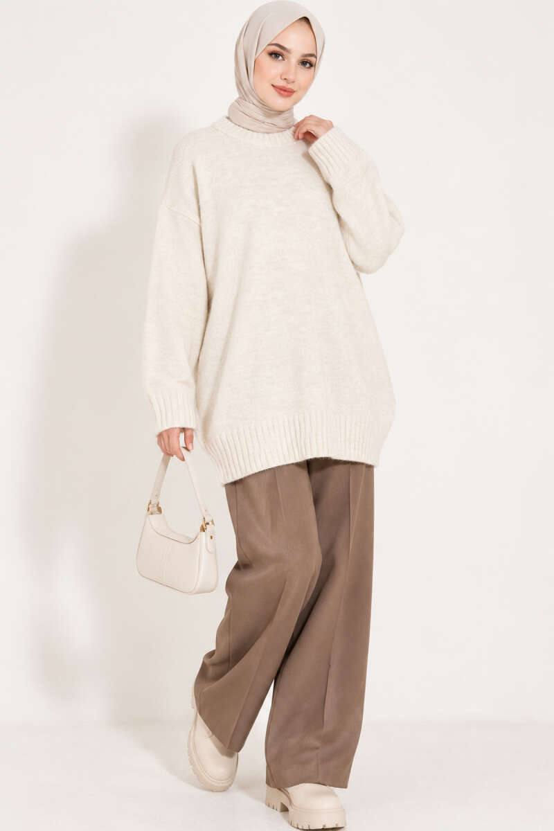 Ribbed Crew-Neck Knit Tunic - Stone