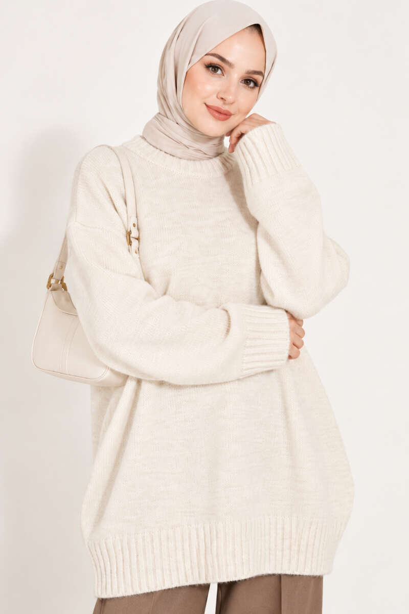 Ribbed Crew-Neck Knit Tunic - Stone