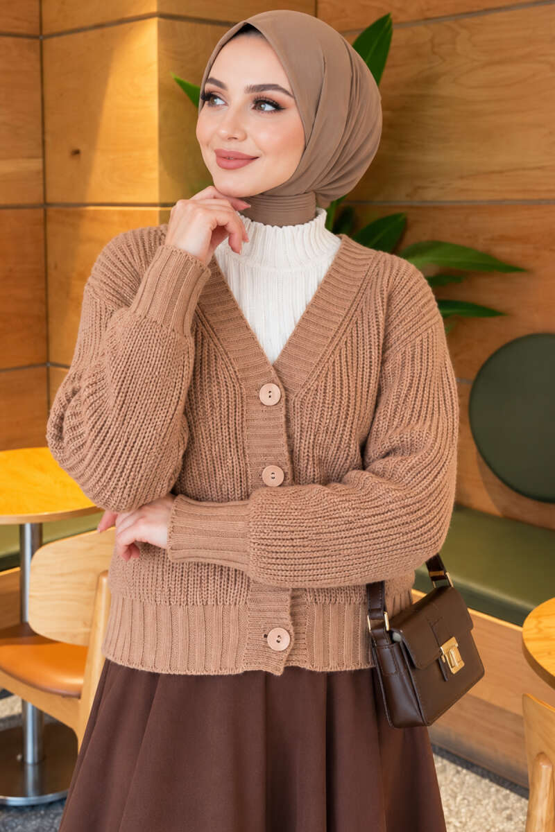 Ribbed Knit Cardigan with Button Detail - Beige