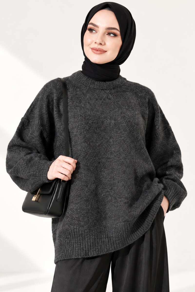 Ribbed Drop-Shoulder Knit Tunic - Charcoal
