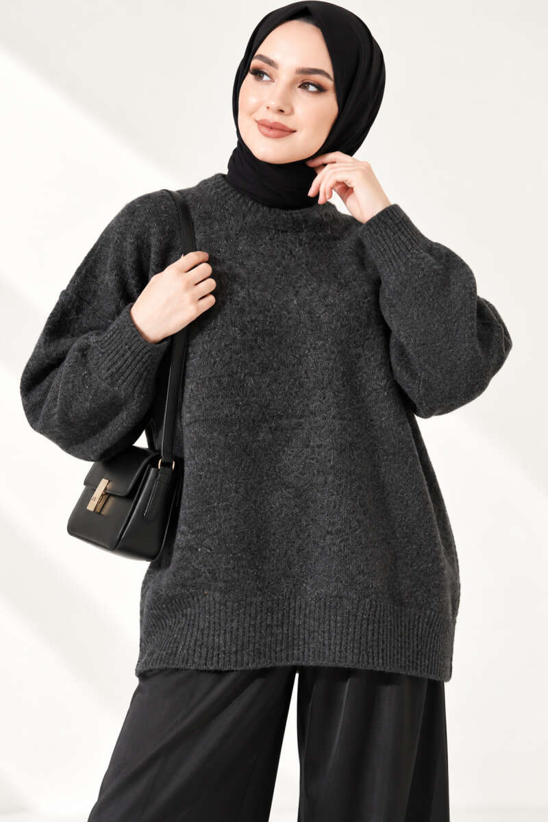 Ribbed Drop-Shoulder Knit Tunic - Charcoal