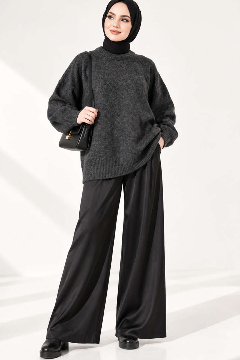 Ribbed Drop-Shoulder Knit Tunic - Charcoal