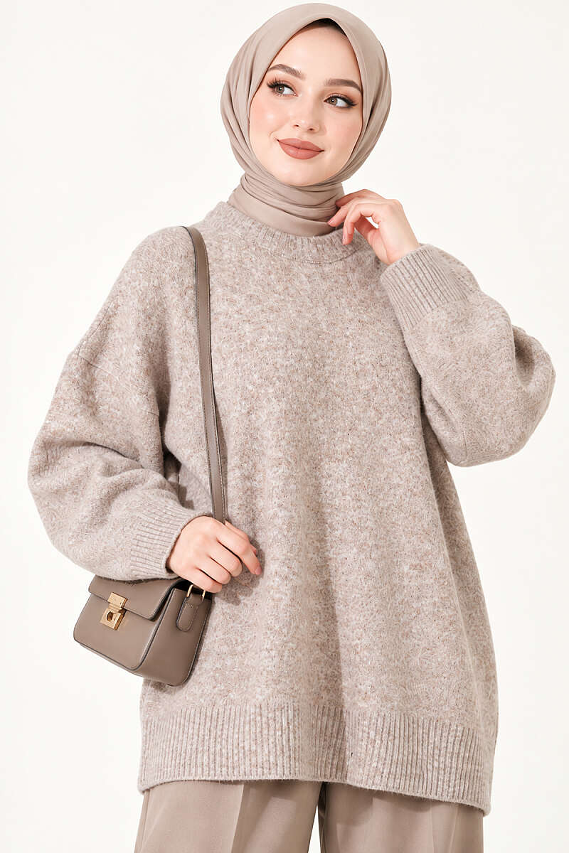 Ribbed Drop-Shoulder Knit Tunic - Beige