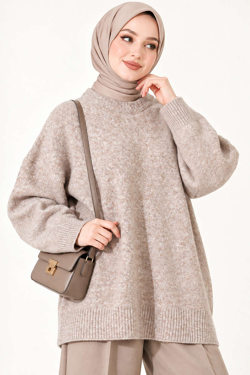 Ribbed Drop-Shoulder Knit Tunic - Beige