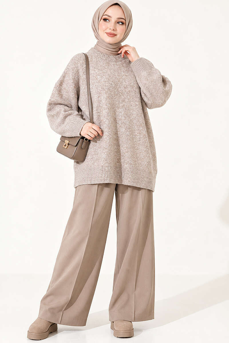Ribbed Drop-Shoulder Knit Tunic - Beige