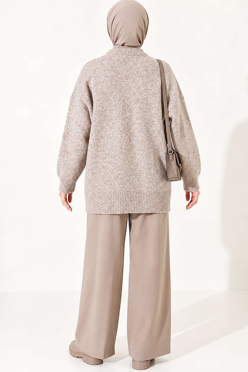 Ribbed Drop-Shoulder Knit Tunic - Beige