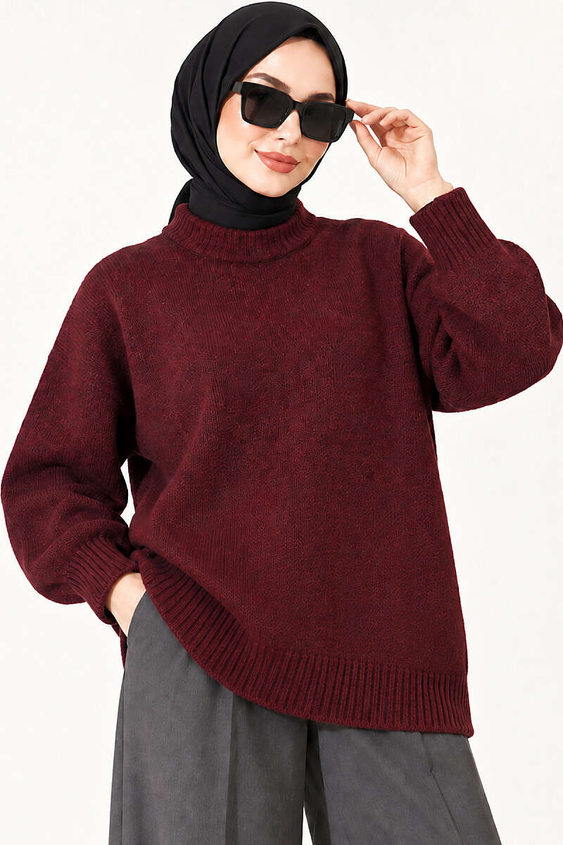 Ribbed Drop-Shoulder Knit Tunic - Burgundy