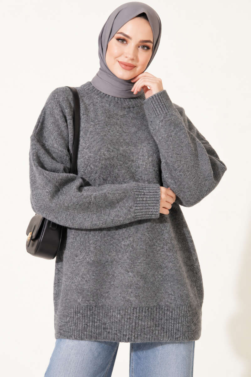 Ribbed Drop-Shoulder Knit Tunic - Smoke Grey