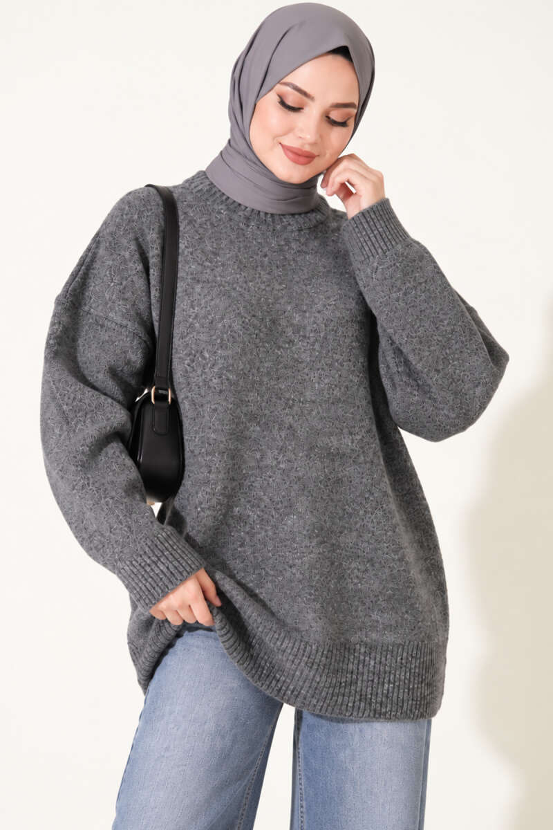 Ribbed Drop-Shoulder Knit Tunic - Smoke Grey