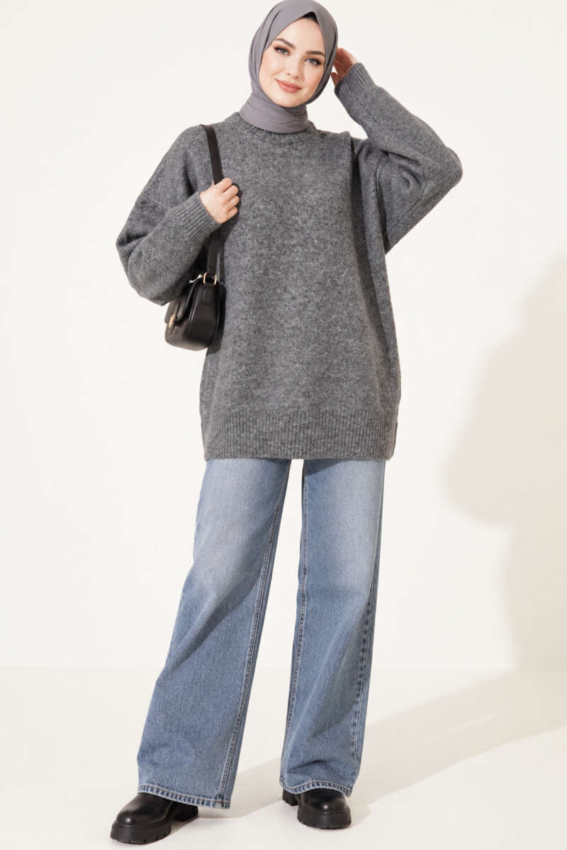 Ribbed Drop-Shoulder Knit Tunic - Smoke Grey