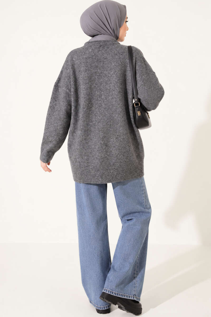 Ribbed Drop-Shoulder Knit Tunic - Smoke Grey