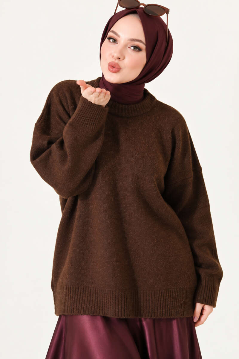 Ribbed Drop-Shoulder Knit Tunic - Brown