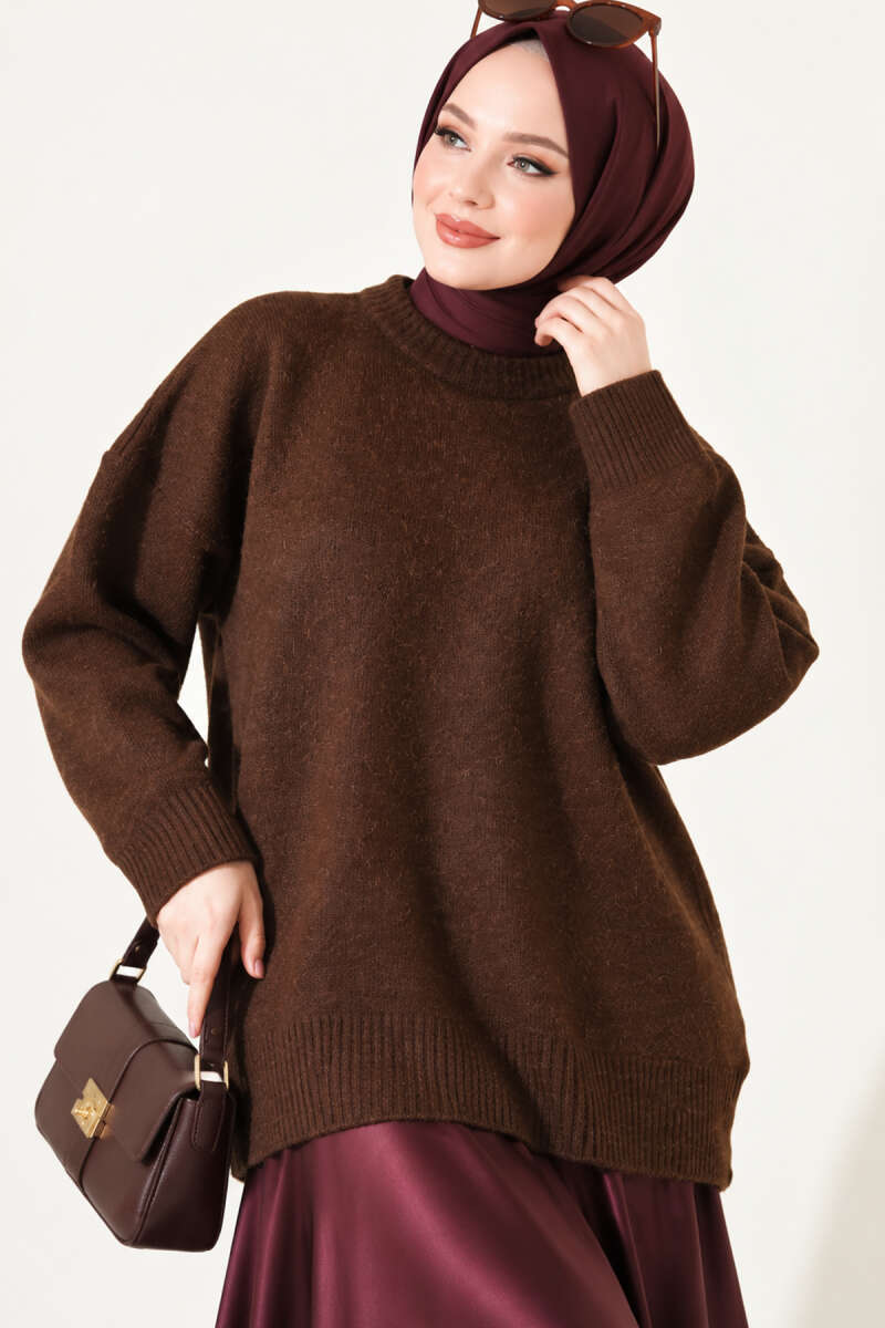 Ribbed Drop-Shoulder Knit Tunic - Brown