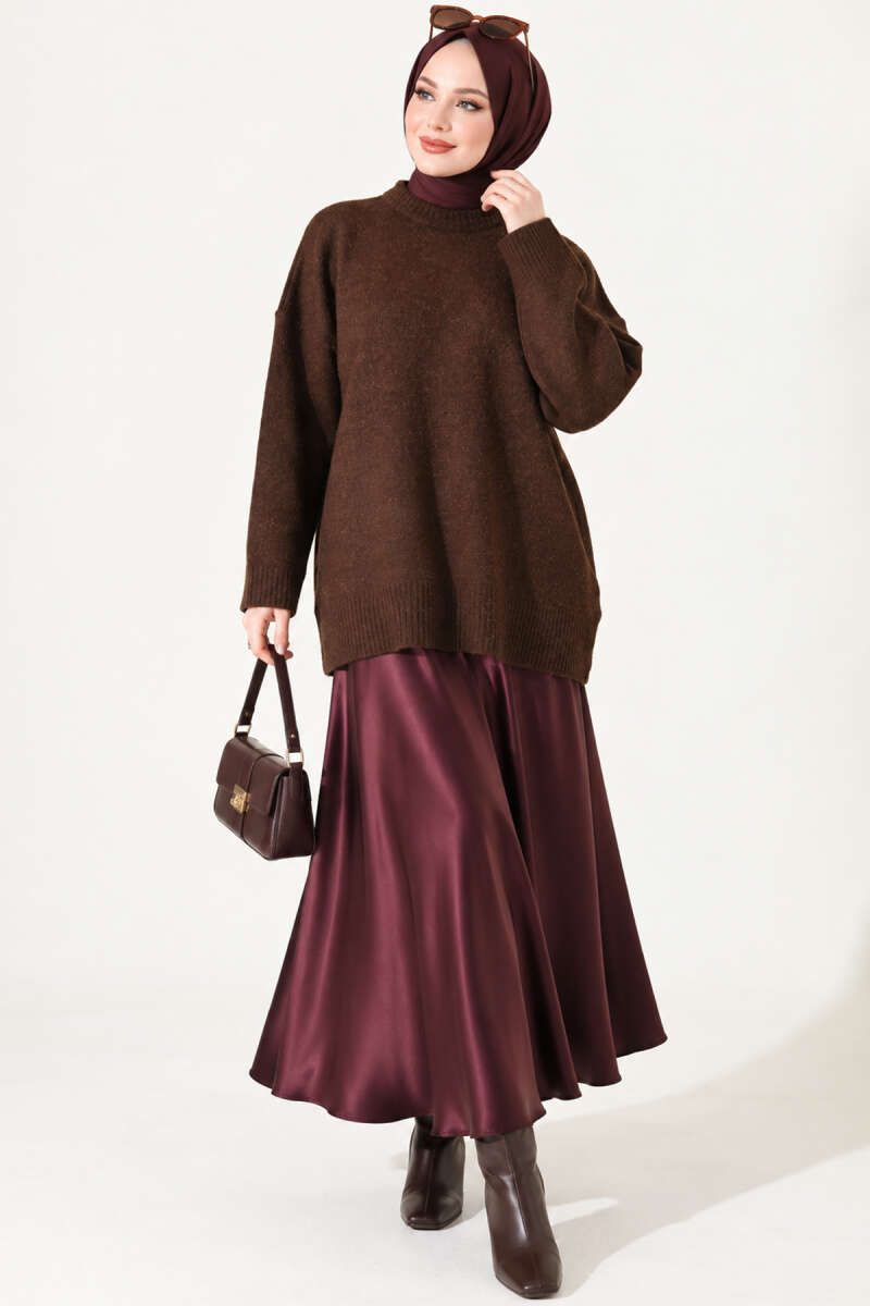 Ribbed Drop-Shoulder Knit Tunic - Brown